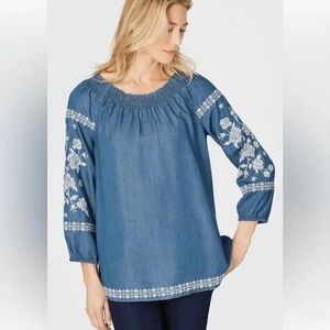 J. Jill Denim Blue Chambray Embroidered Floral Smocked Neck Top - Size Large